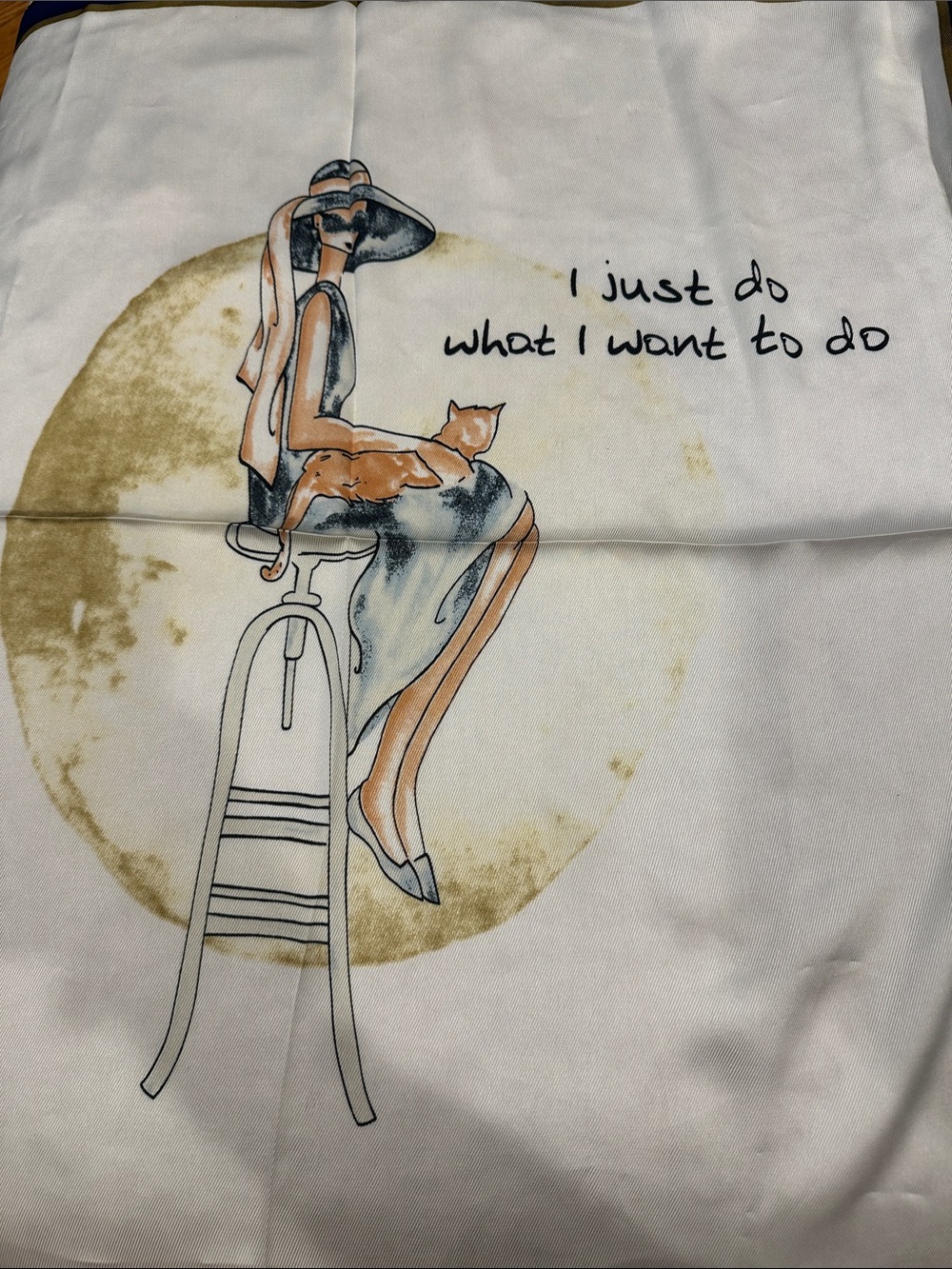 28x27” White Graphic Ladies Scarf with Gold and Peach Illustration green trimmin